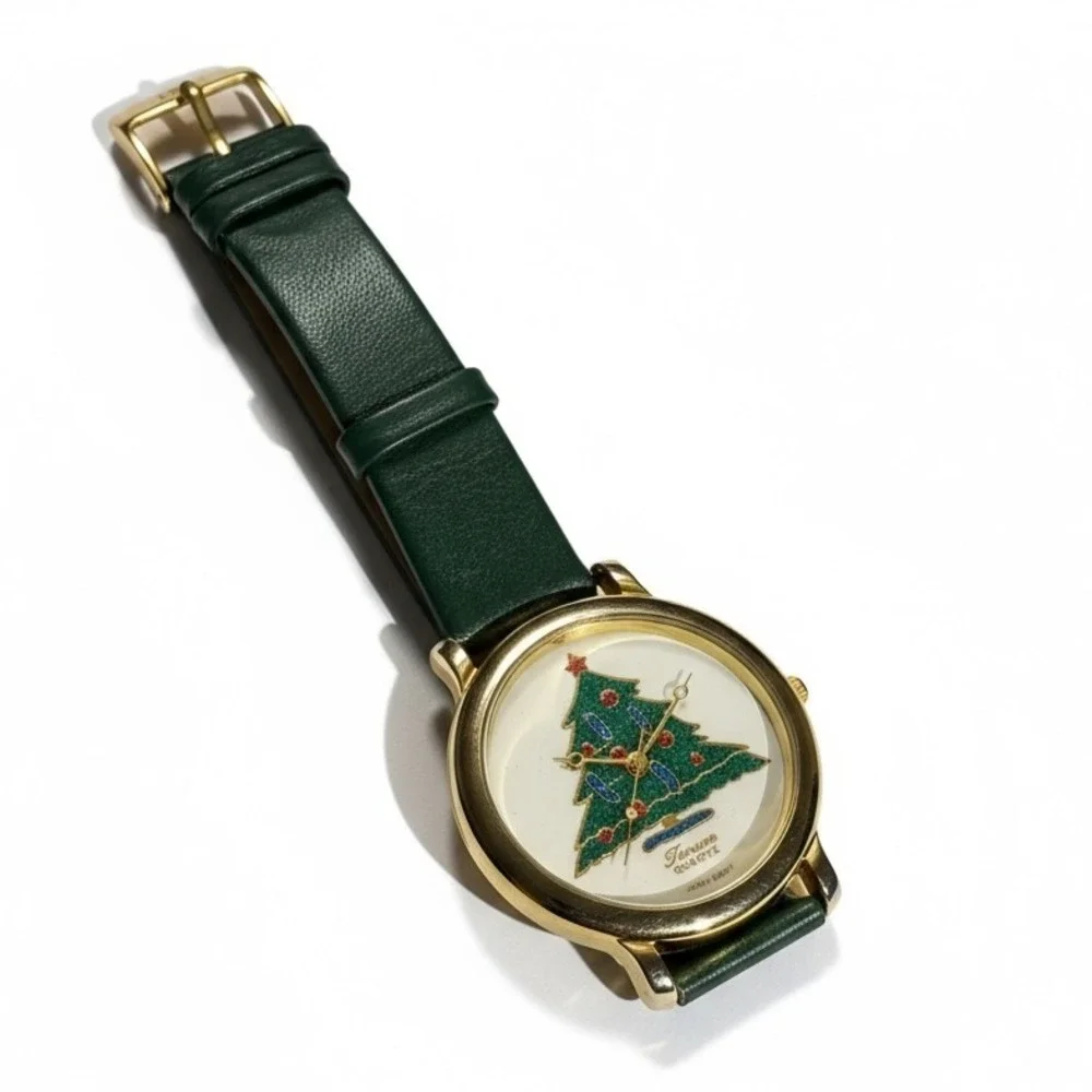 Tinum Quartz Christmas Tree Watch Gold Tone Green Leather Strap Holiday‎